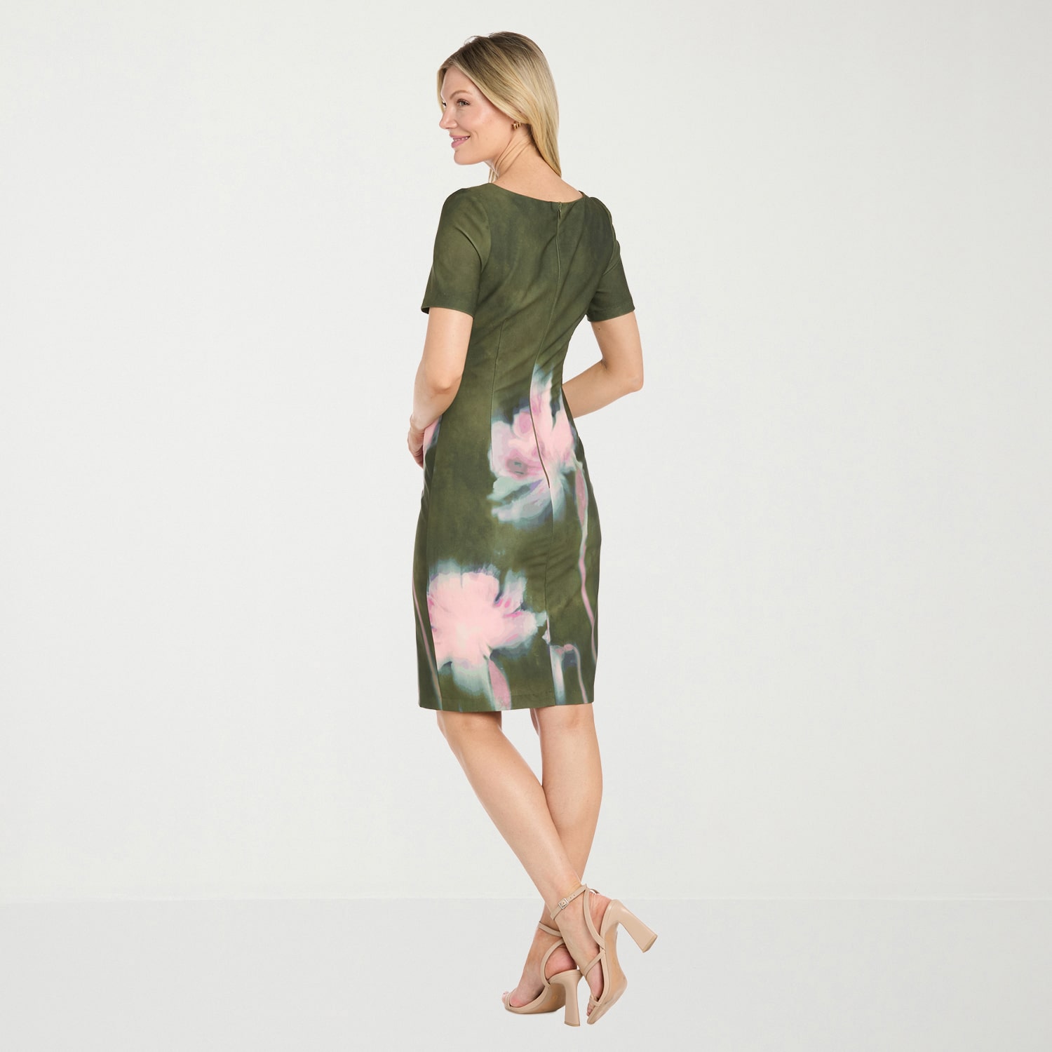 Sophia Cristina Womens Round Neck Short Sleeve Floral Sheath Dress