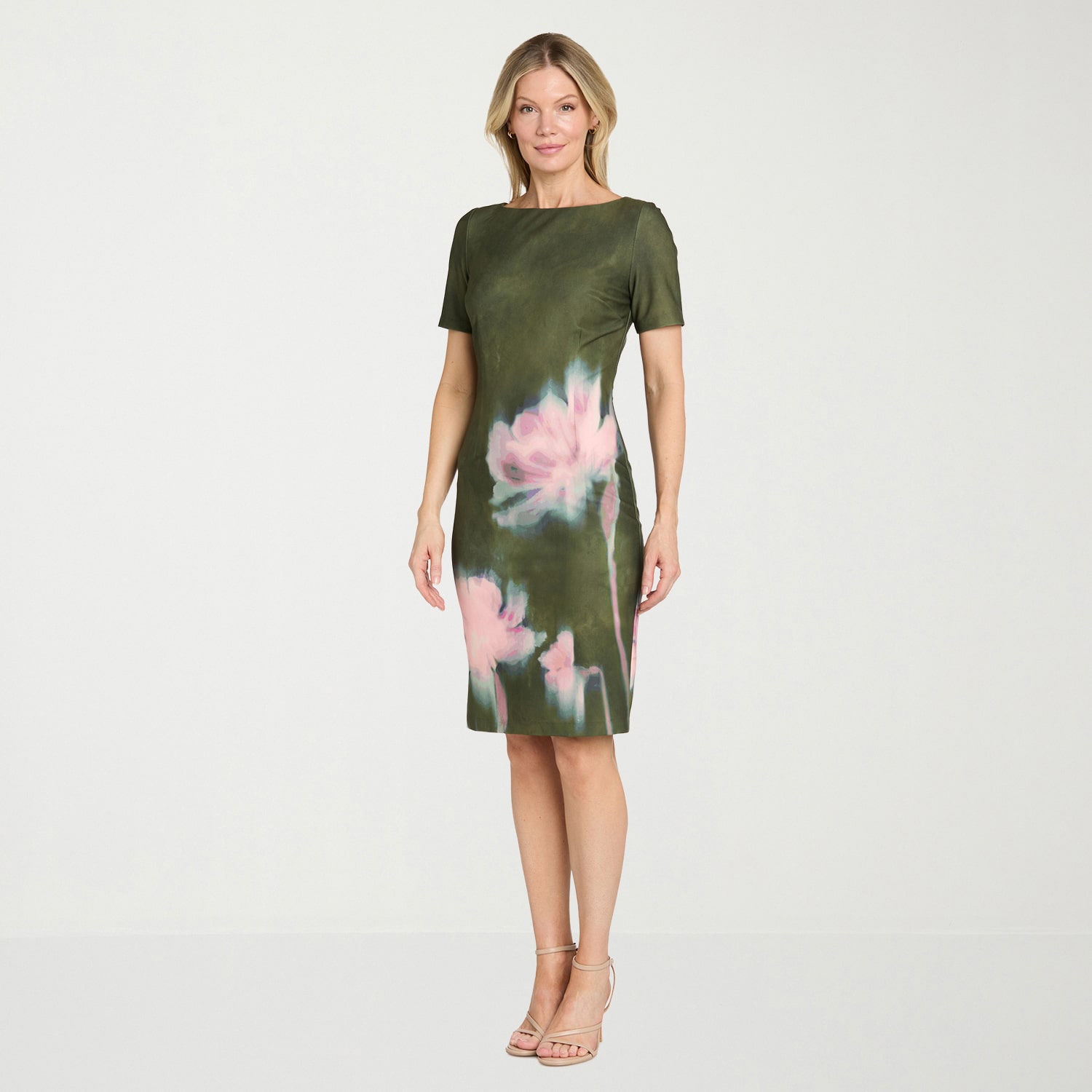 Sophia Cristina Womens Round Neck Short Sleeve Floral Sheath Dress