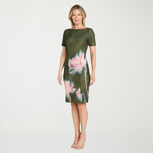 Sophia Cristina Womens Round Neck Short Sleeve Floral Sheath Dress, 16, Green