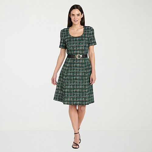 R & M Richards Womens Scoop Neck Short Sleeve Fitted Fit + Flare Dress In Green