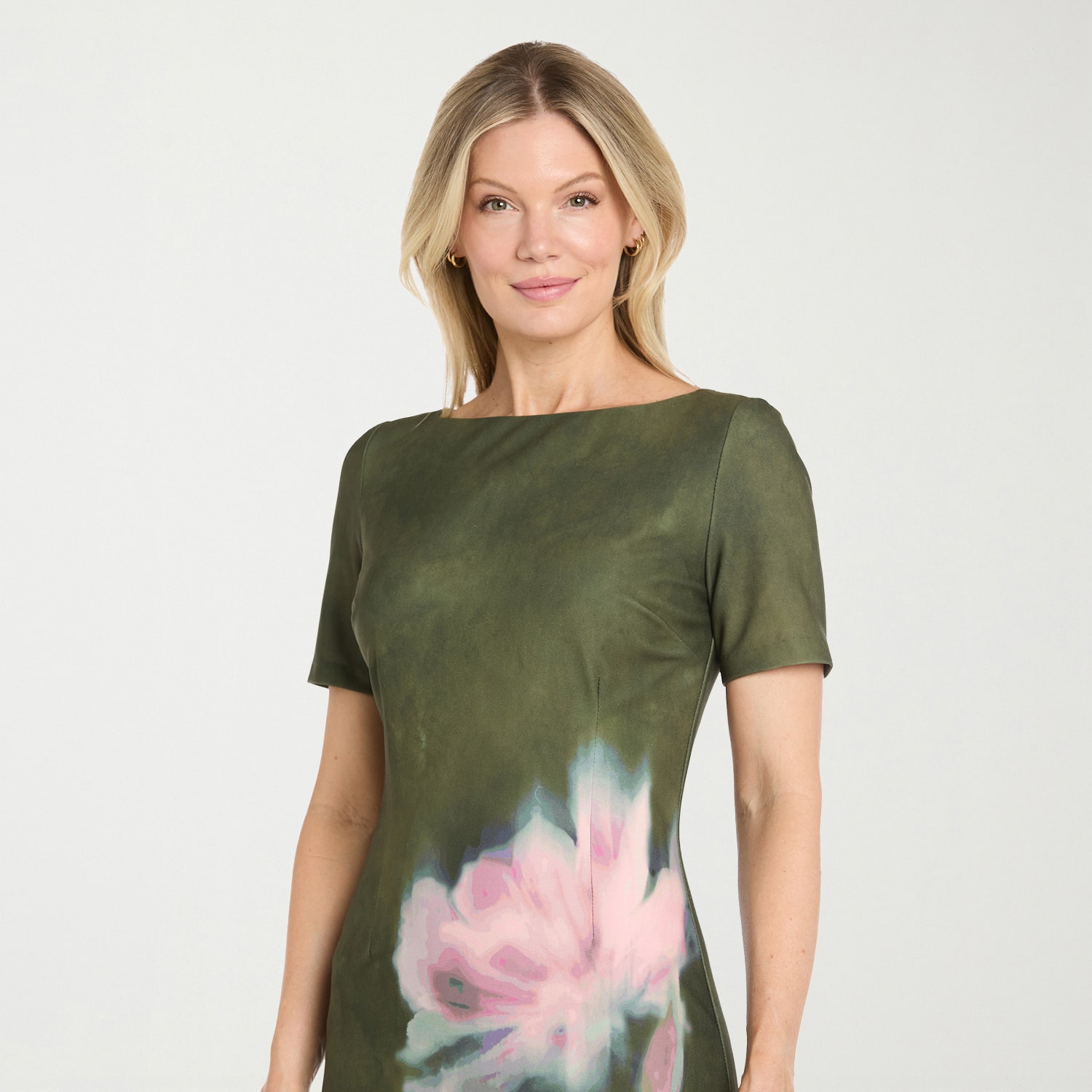 Sophia Cristina Womens Round Neck Short Sleeve Floral Sheath Dress