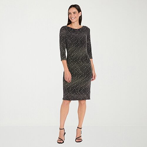 R & M Richards Womens Boat Neck 3/4 Sleeve Sheath Dress In Black