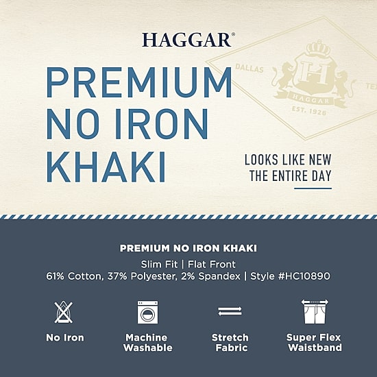 Haggar Premium No Iron Khaki Mens Comfort Waistband Slim Fit Flat Front Pant