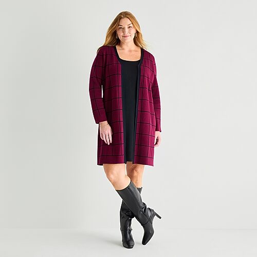 Studio 1 Womens Plus Long Sleeve Plaid Faux-jacket Sweater Dress In Red