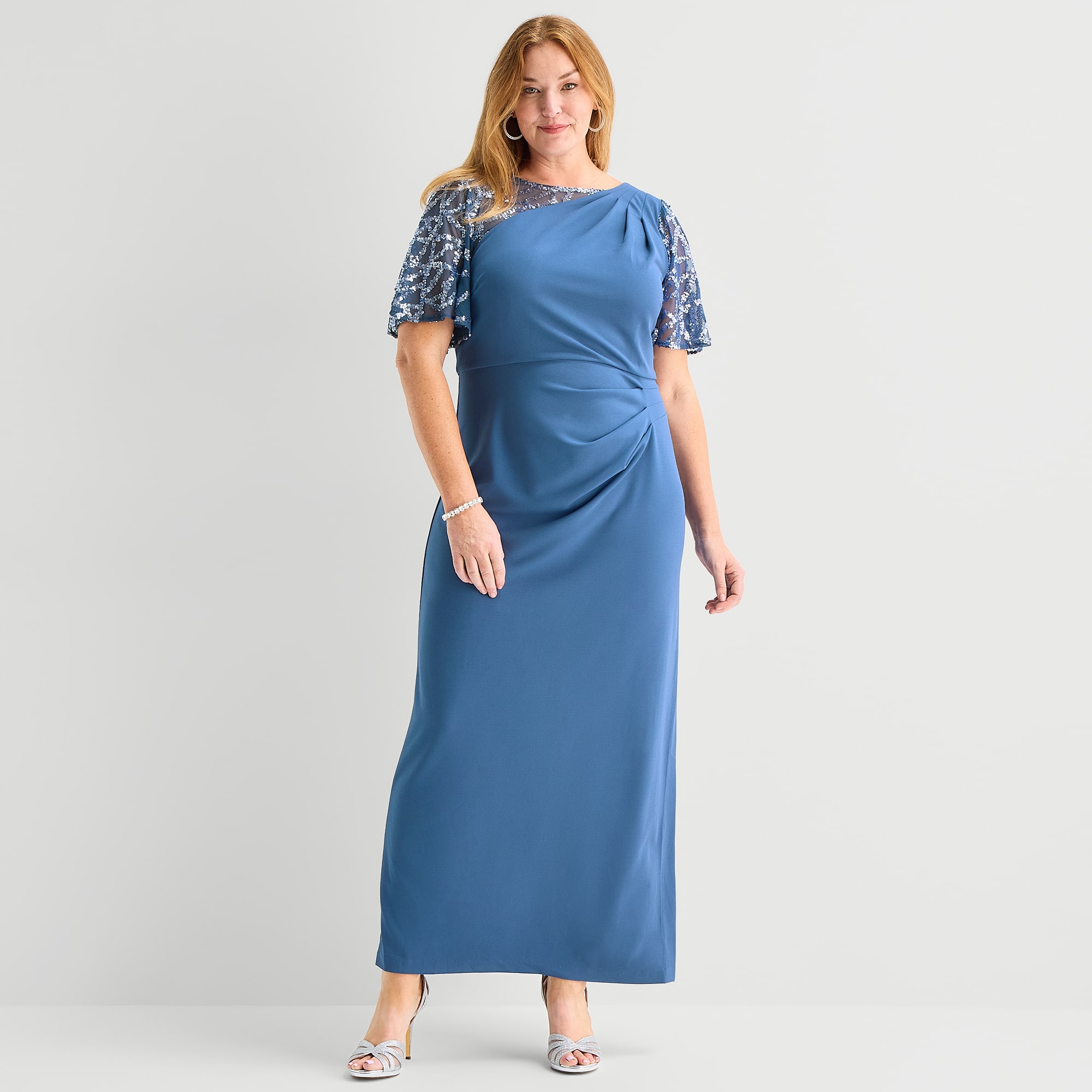 Maya Brooke Womens Plus Round Neck Short Sleeve Fitted Evening Gown