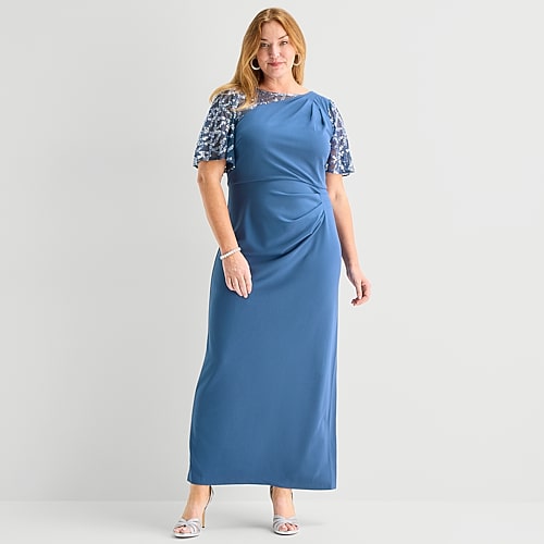 Maya Brooke Womens Plus Round Neck Short Sleeve Fitted Evening Gown In Blue