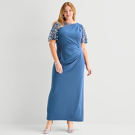Maya Brooke Womens Plus Round Neck Short Sleeve Evening Gown