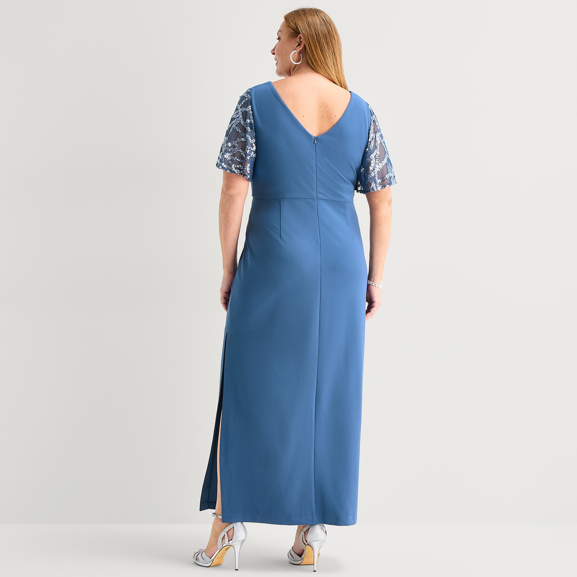 Maya Brooke Womens Plus Round Neck Short Sleeve Fitted Evening Gown