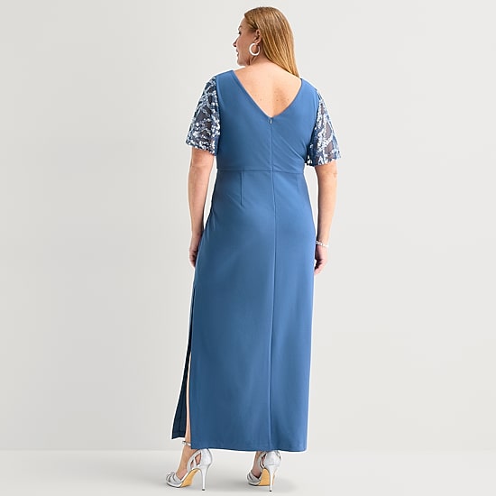 Maya Brooke Womens Plus Round Neck Short Sleeve Evening Gown