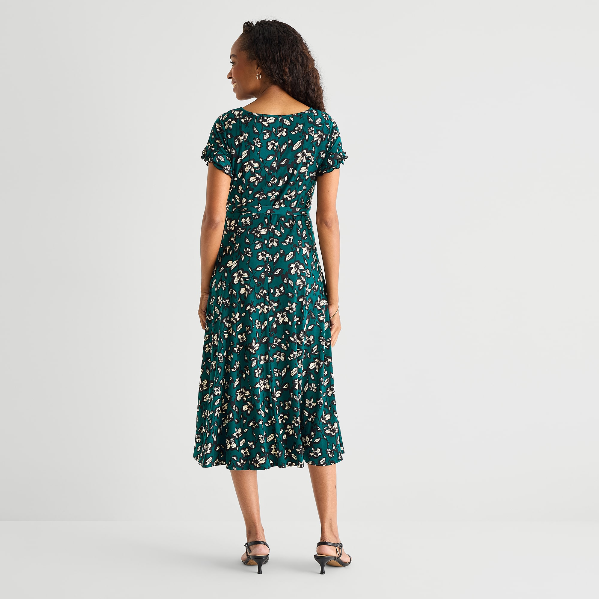Perceptions Womens Midi Round Neck Short Sleeve Ruffled Floral Fit + Flare Dress