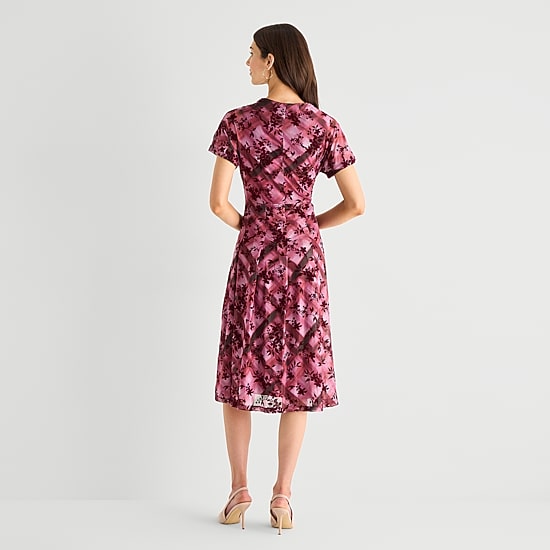 Perceptions Womens Midi Cowl Neck Short Sleeve Plaid Fit + Flare Dress