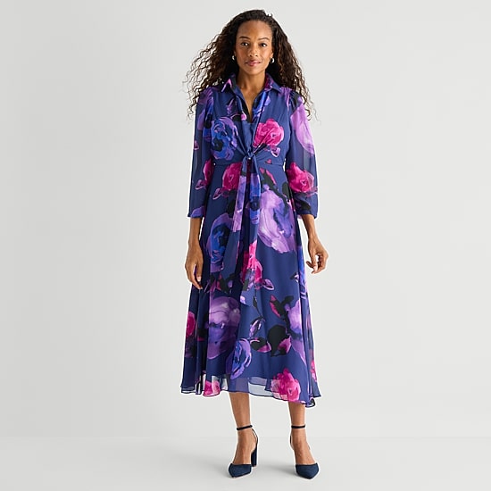 Danny & Nicole Womens Long Sleeve Midi Floral Shirt Dress