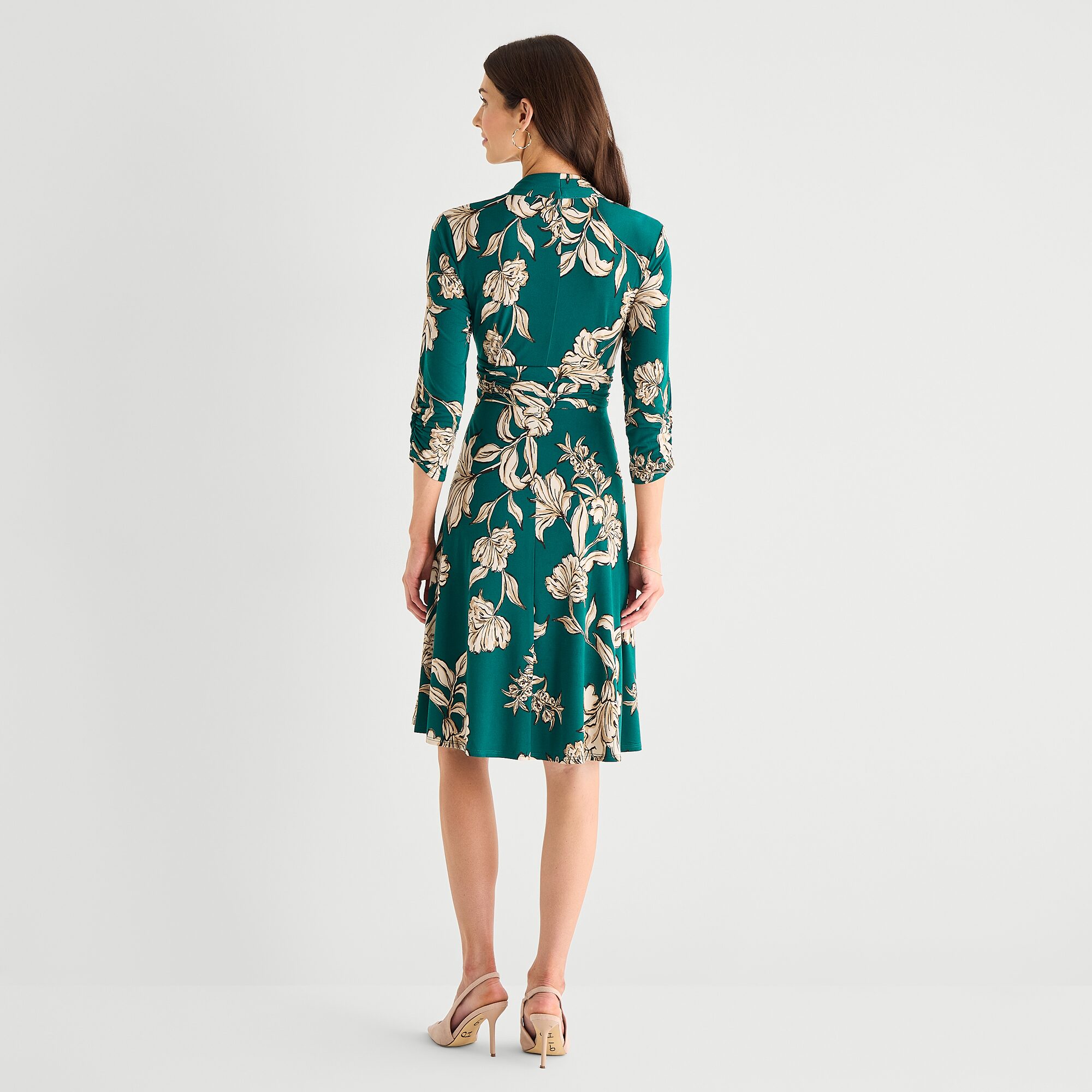 Perceptions Womens Midi V Neck Long Sleeve Floral Fit + Flare Dress