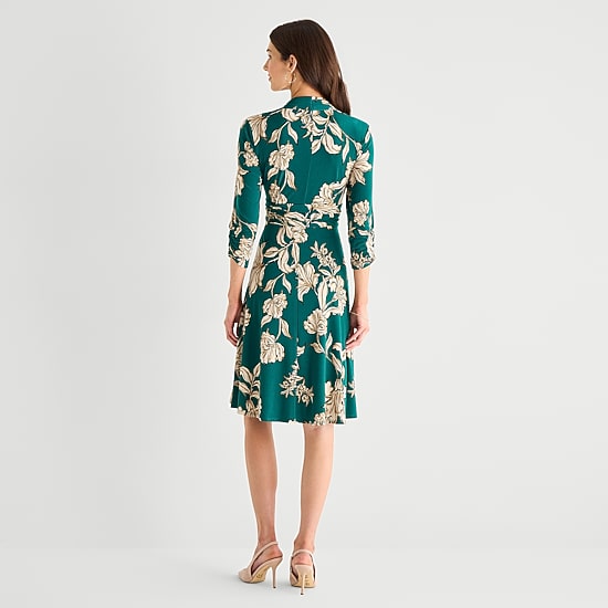 Perceptions Womens V Neck 3/4 Sleeve Ruched Sleeve Floral Fit + Flare Dress