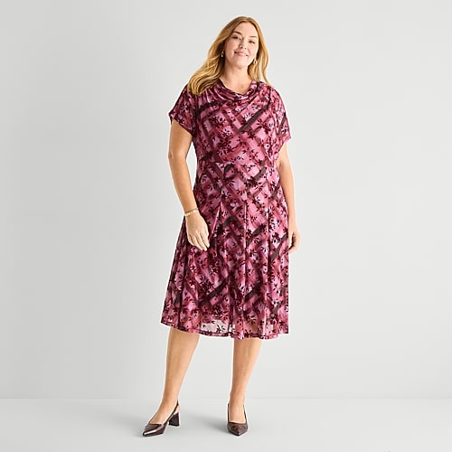 Perceptions Womens Plus Midi Round Neck Short Sleeve Dolman Floral Fit + Flare Dress In Red