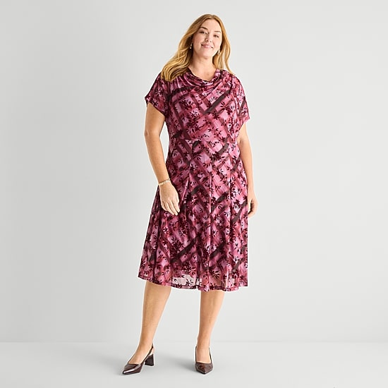 Perceptions Womens Plus Midi Round Neck Short Sleeve Dolman Floral Fit + Flare Dress