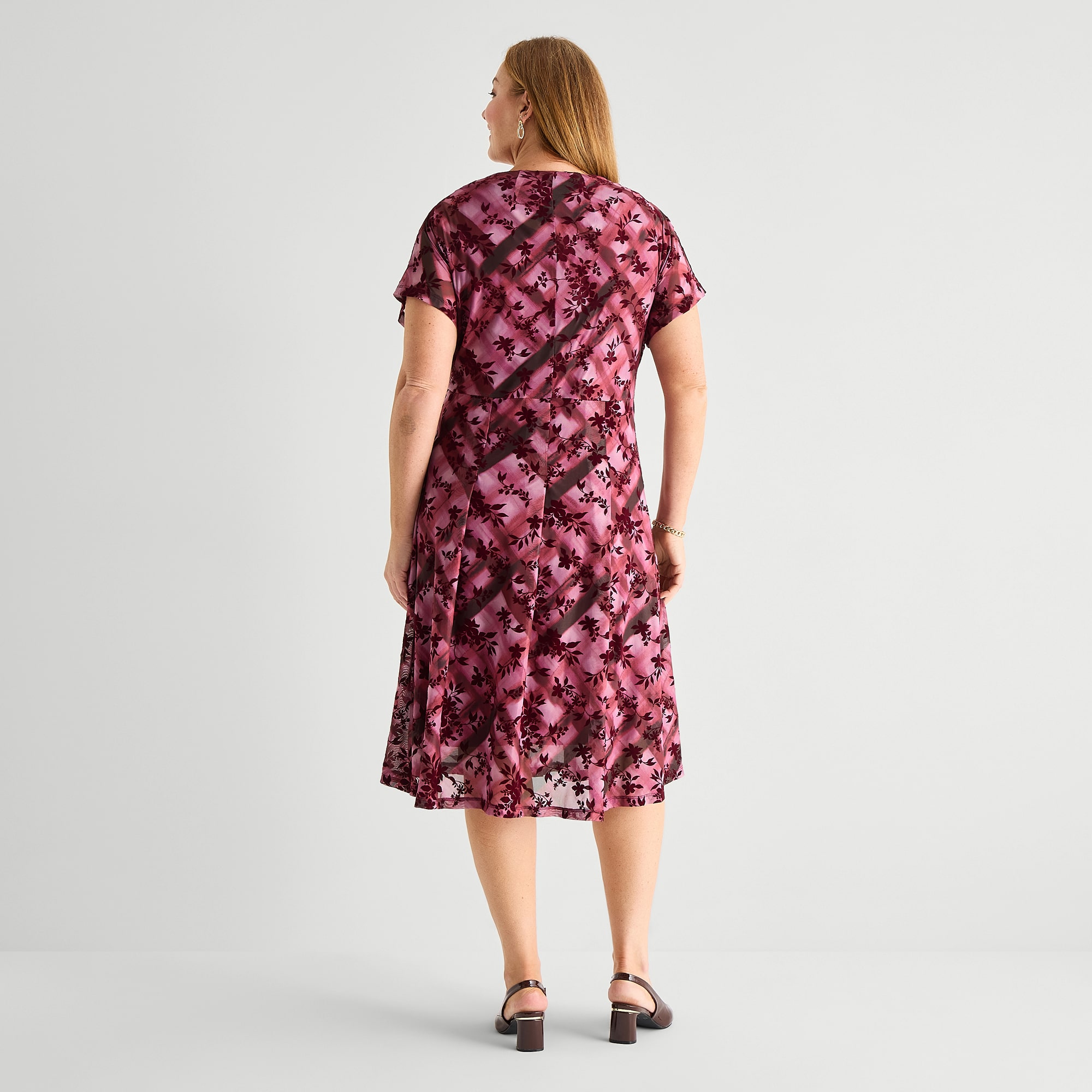 Perceptions Womens Plus Midi Round Neck Short Sleeve Dolman Floral Fit + Flare Dress