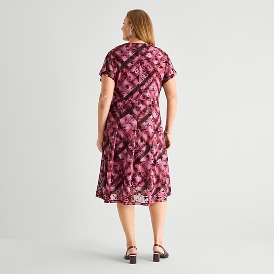 Perceptions Womens Plus Midi Round Neck Short Sleeve Dolman Floral Fit + Flare Dress