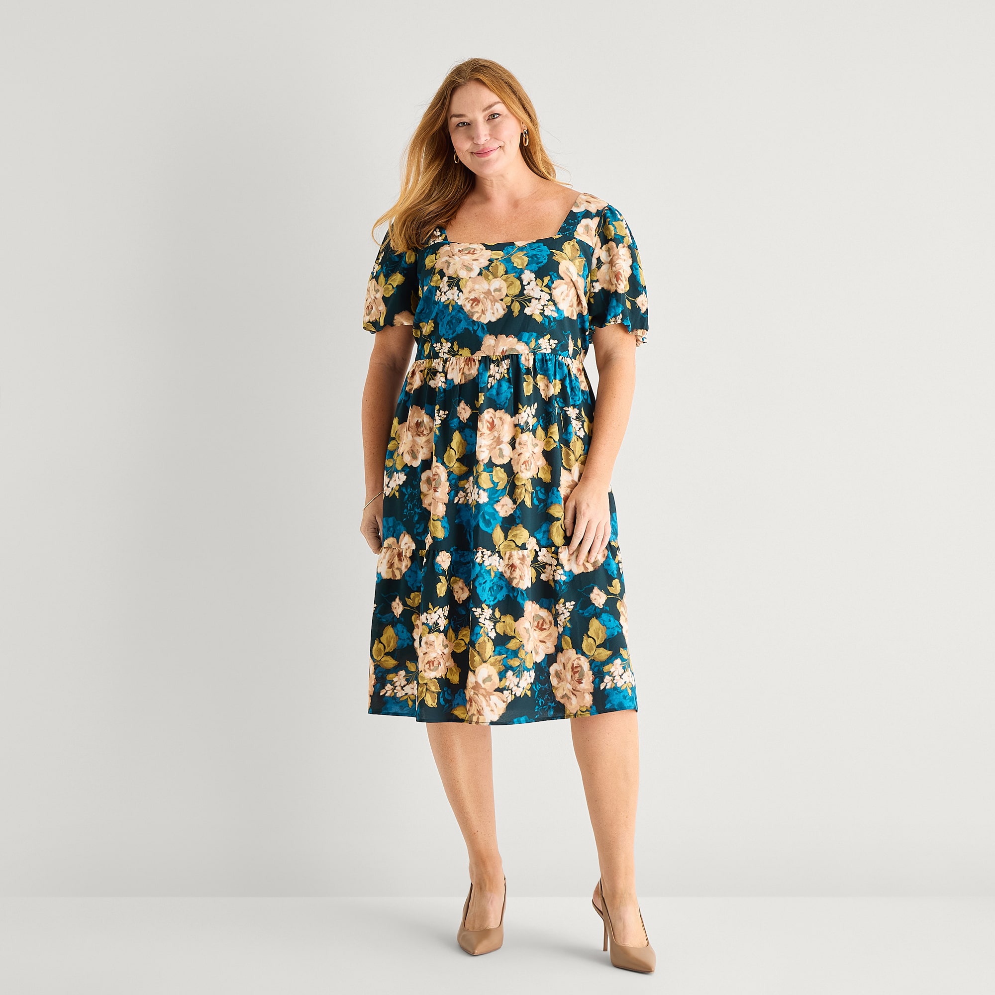 Robbie Bee Womens Plus Midi Square Neck Short Sleeve Puffed Floral Fit + Flare Dress