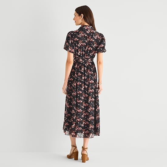Studio 1 Womens Short Sleeve Midi Floral Shirt Dress