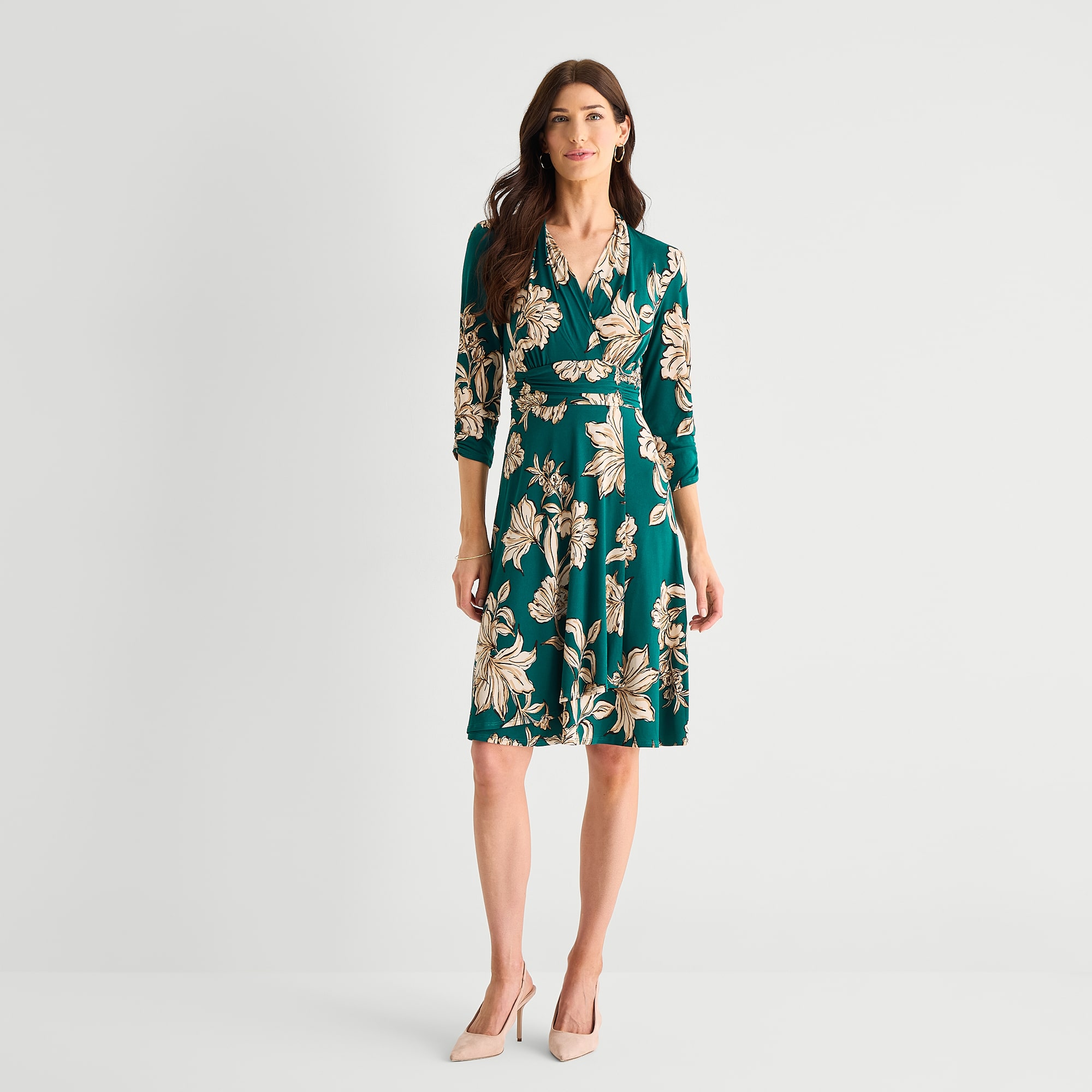 Perceptions Womens Midi V Neck Long Sleeve Floral Fit + Flare Dress
