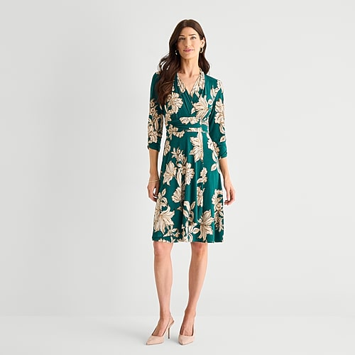 Perceptions Womens Midi V Neck Long Sleeve Floral Fit + Flare Dress In Green