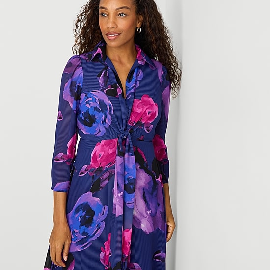 Danny & Nicole Womens Long Sleeve Midi Floral Shirt Dress