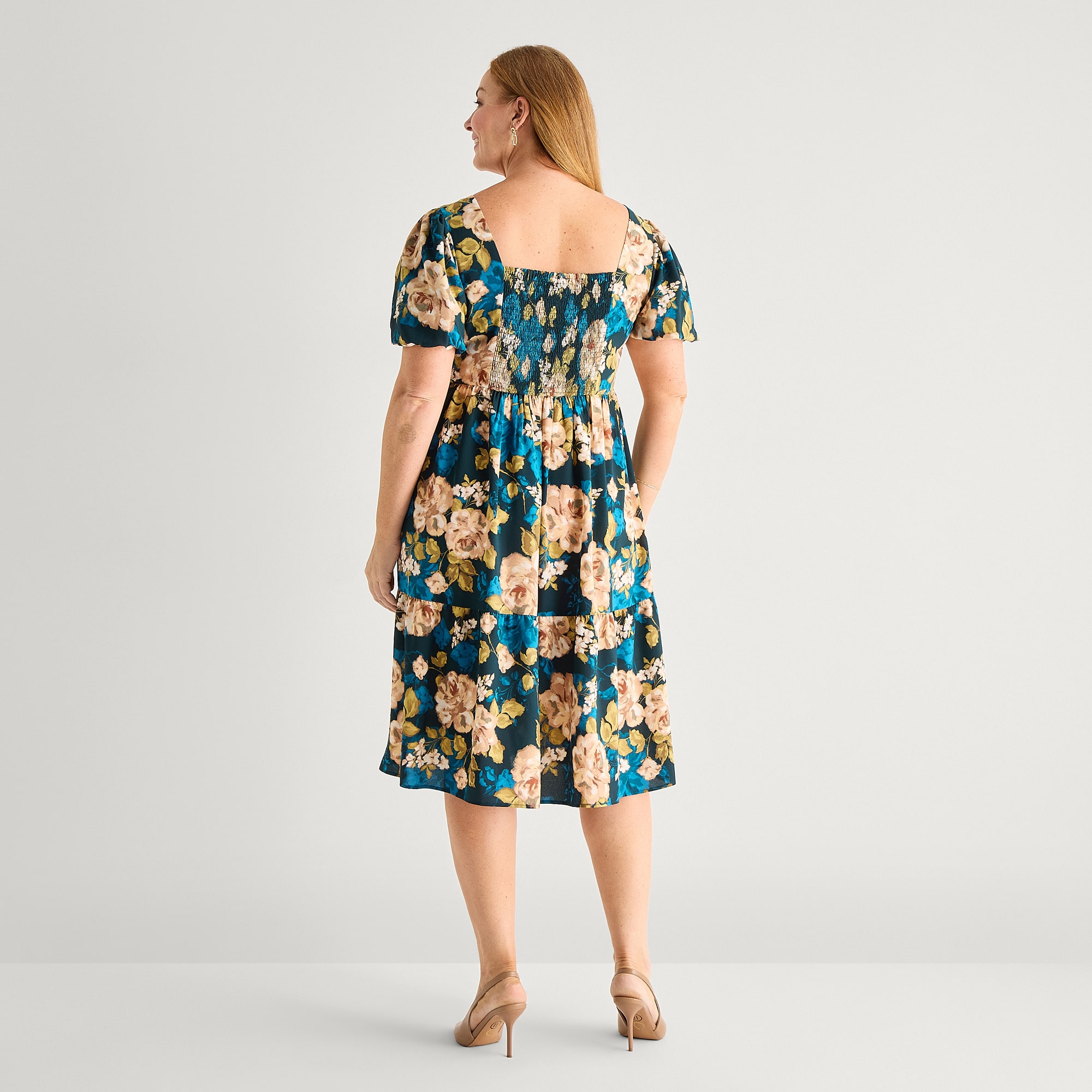 Robbie Bee Womens Plus Midi Square Neck Short Sleeve Puffed Floral Fit + Flare Dress