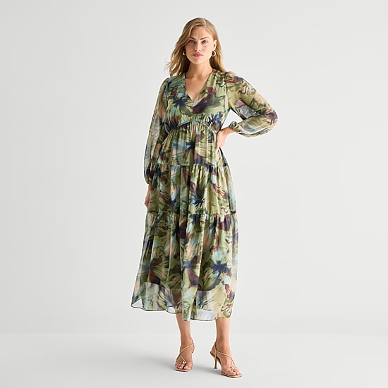 Isabel & Nina Womens V Neck Long Sleeve Bishop Chiffon Maxi Dress
