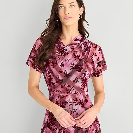 Perceptions Womens Midi Cowl Neck Short Sleeve Plaid Fit + Flare Dress