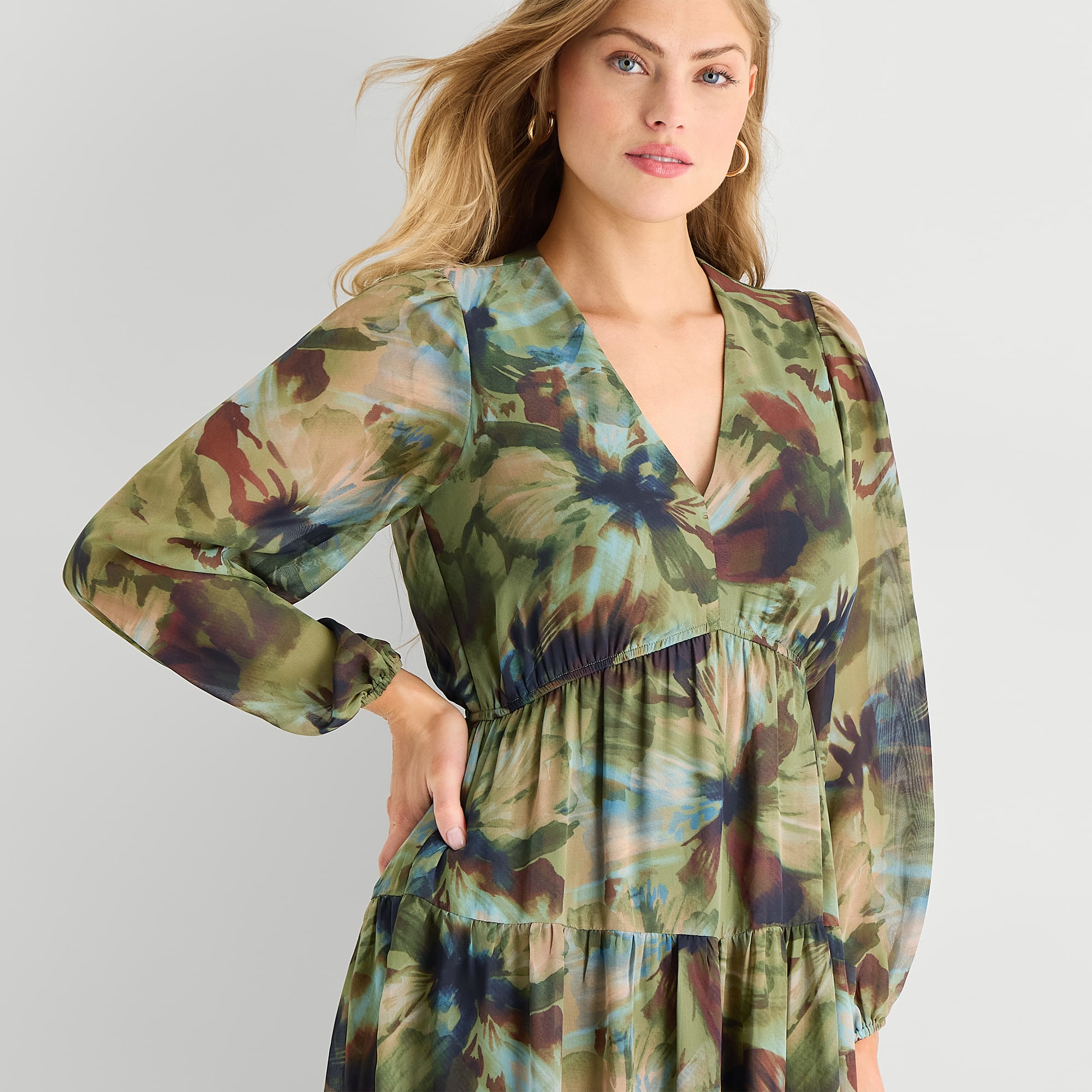 Isabel & Nina Womens V Neck Long Sleeve Bishop Maxi Dress