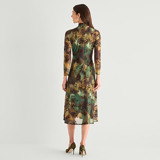 Perceptions Womens Mock Neck Long Sleeve Floral Fit + Flare Dress