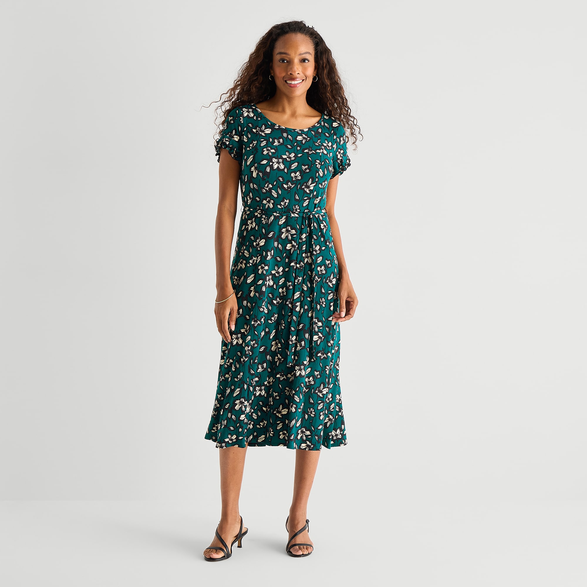Perceptions Womens Midi Round Neck Short Sleeve Ruffled Floral Fit + Flare Dress