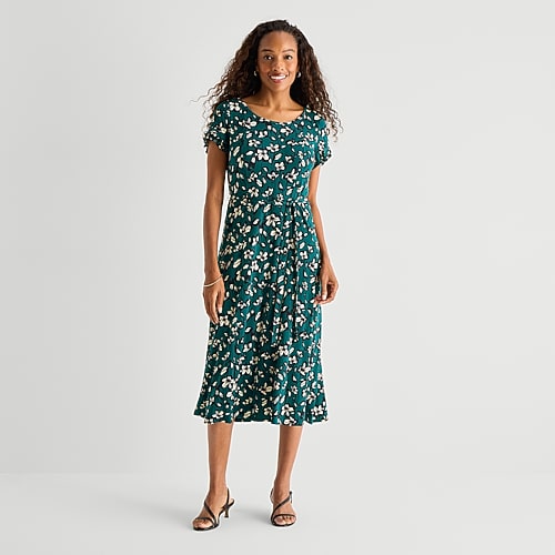 Perceptions Womens Midi Round Neck Short Sleeve Ruffled Floral Fit + Flare Dress In Brown