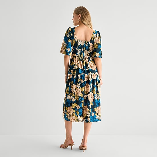 Isabel & Nina Womens Midi Round Neck Short Sleeve Floral Shift Dress