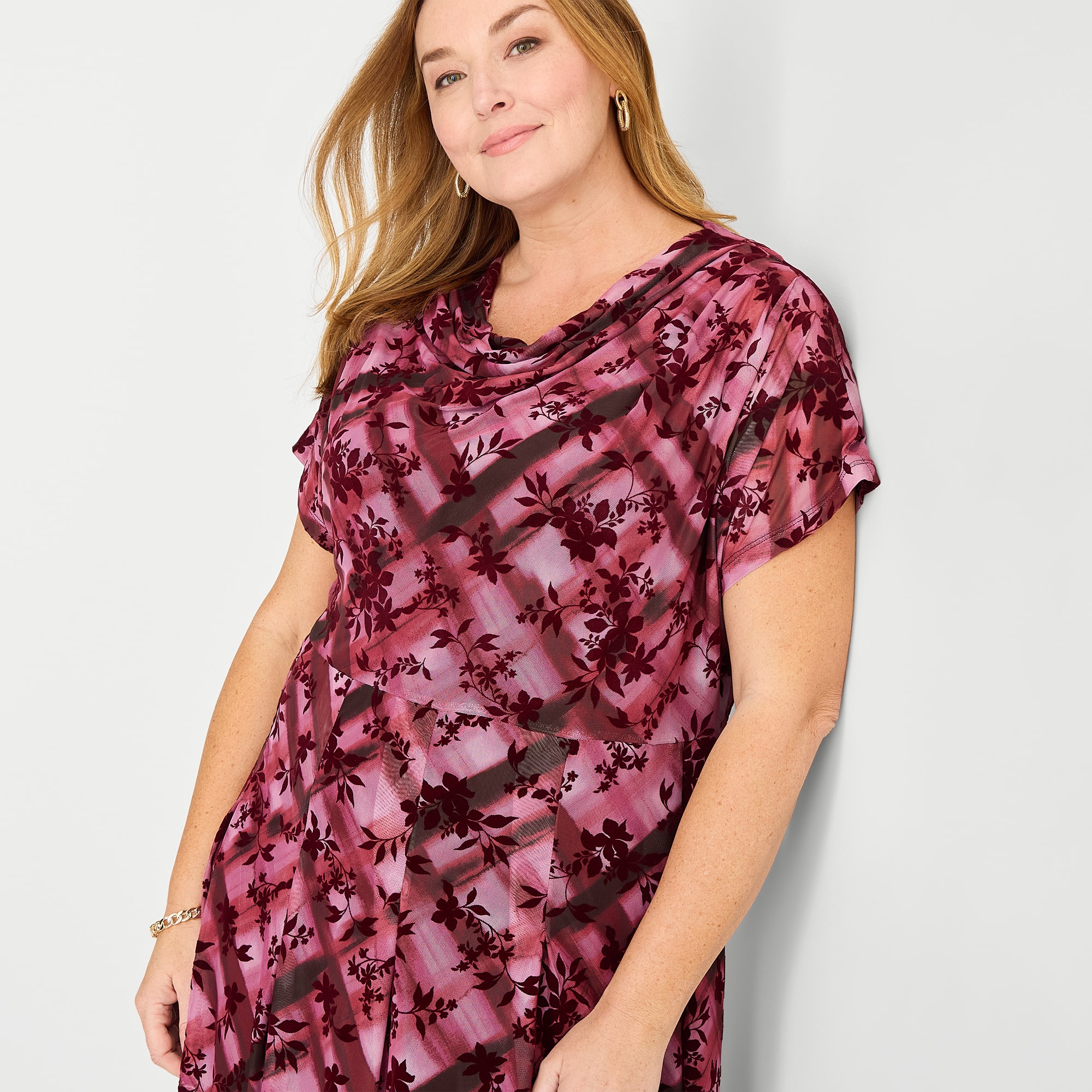 Perceptions Womens Plus Midi Round Neck Short Sleeve Dolman Floral Fit + Flare Dress