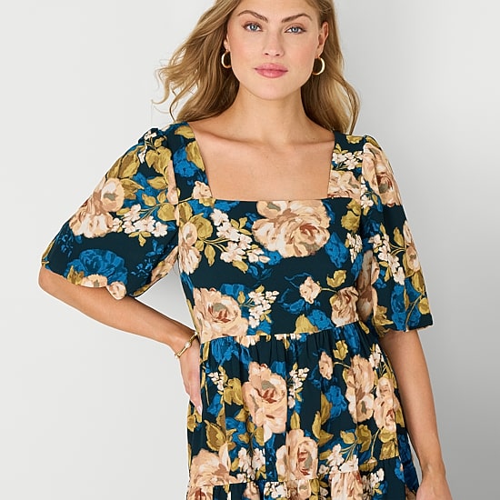 Isabel & Nina Womens Midi Round Neck Short Sleeve Floral Shift Dress