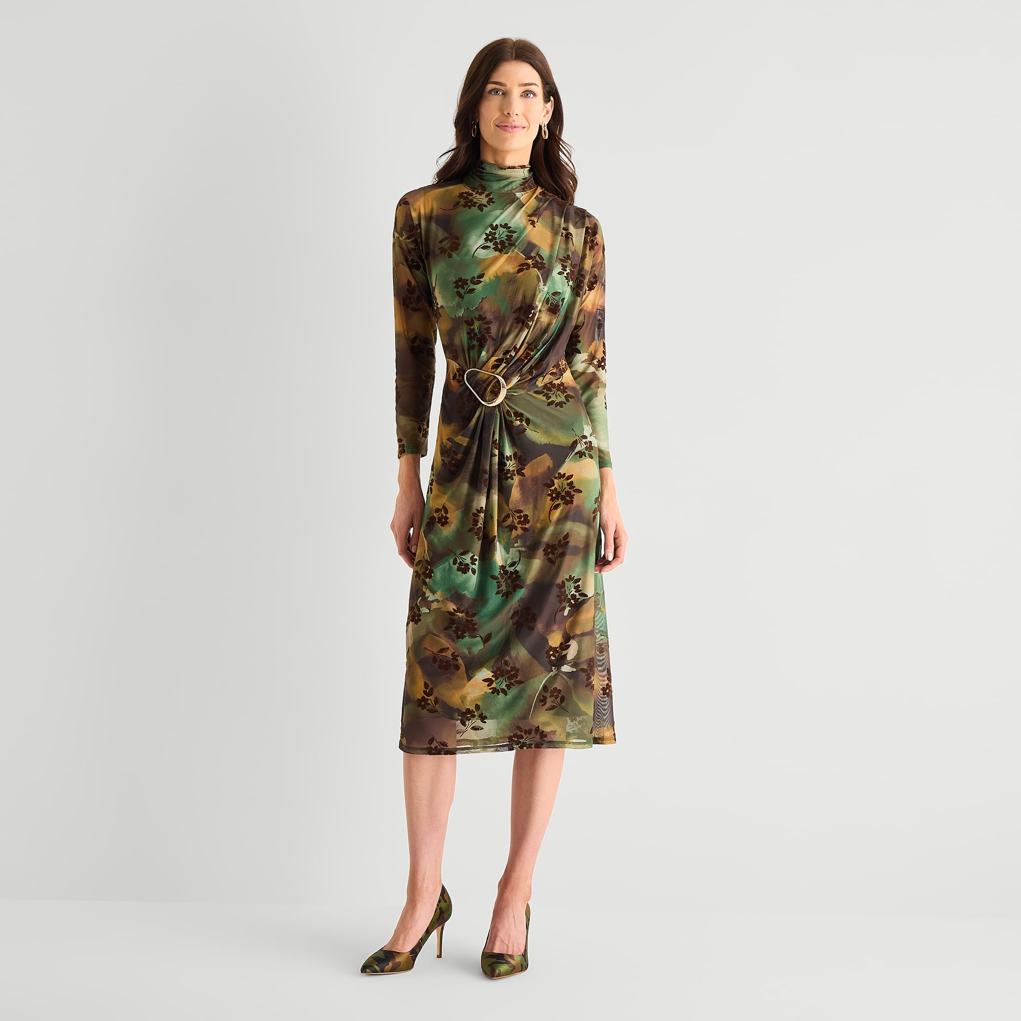 Perceptions Womens Mock Neck Long Sleeve Floral Fit + Flare Dress