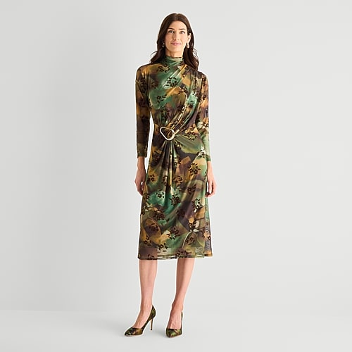 Perceptions Womens Mock Neck Long Sleeve Floral Fit + Flare Dress In Green