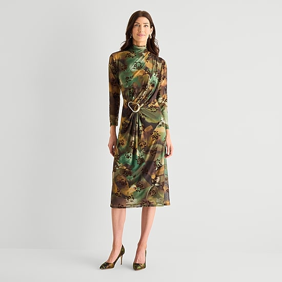 Perceptions Womens Mock Neck Long Sleeve Floral Fit + Flare Dress