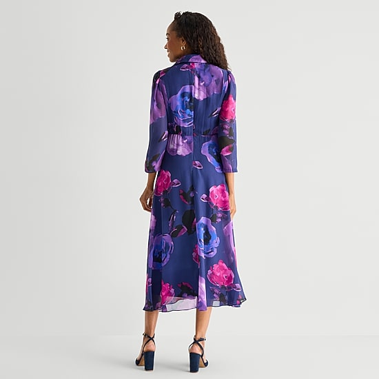 Danny & Nicole Womens Long Sleeve Midi Floral Shirt Dress