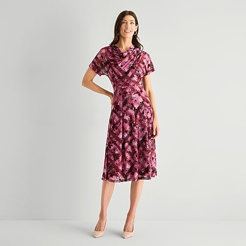 Perceptions Womens Midi Round Neck Short Sleeve Plaid Fit + Flare Dress In Red