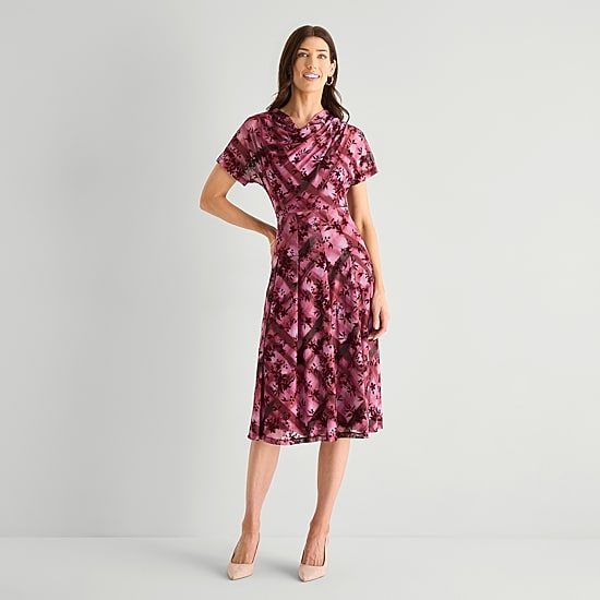 Perceptions Womens Midi Cowl Neck Short Sleeve Plaid Fit + Flare Dress