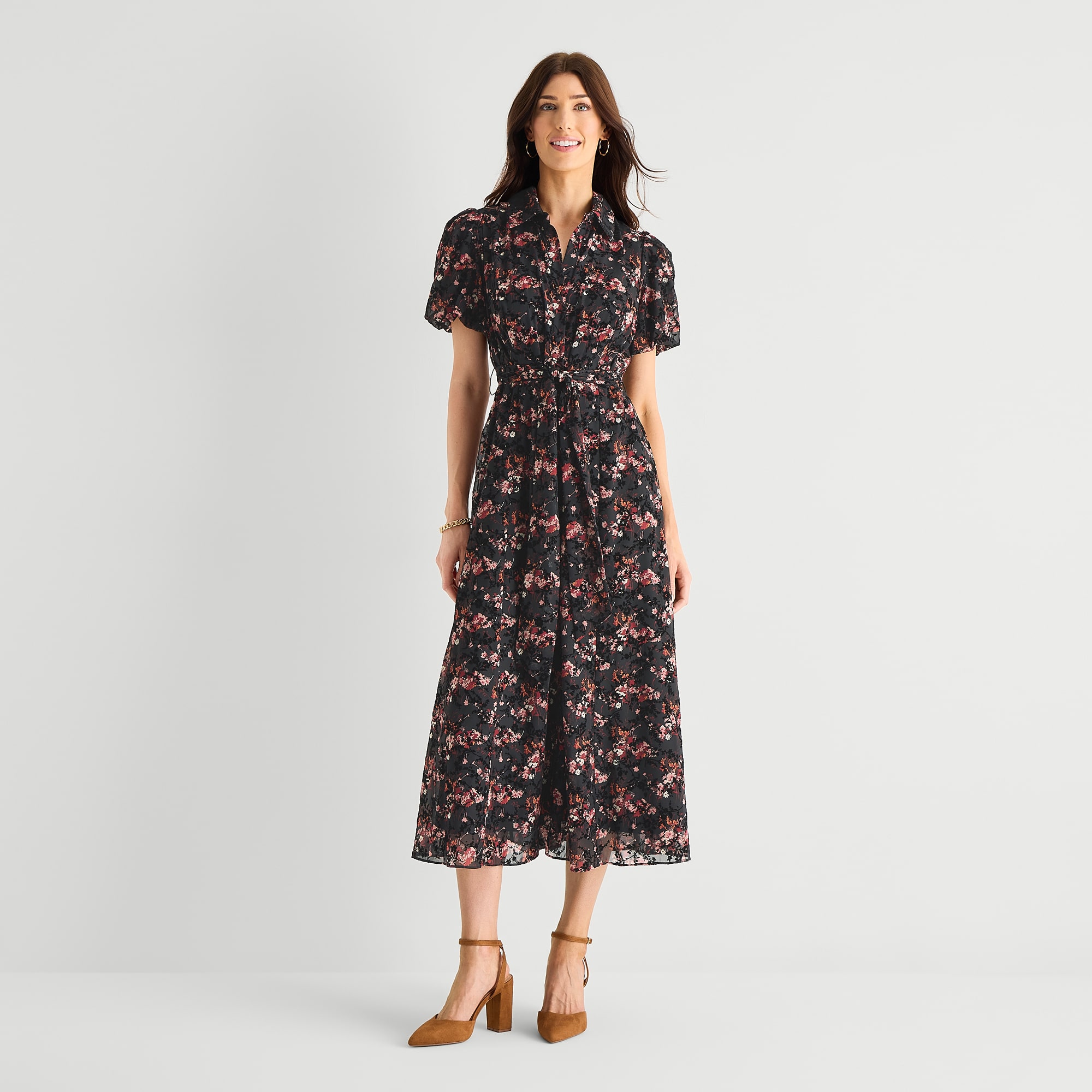Studio 1 Womens Short Sleeve Midi Floral Shirt Dress