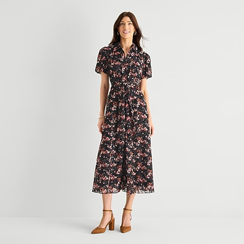Studio 1 Womens Short Sleeve Midi Floral Shirt Dress In Black