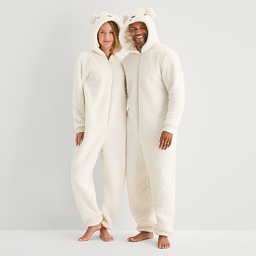 North Pole Trading Co . Sherpa Long Sleeve Hooded Matching Family One Piece Pajama In White