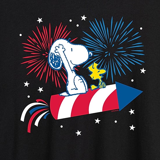 Snoopy And Woodstock Firecracker Womens Juniors Crew Neck Short Sleeve Regular Fit Peanuts Snoopy Graphic T-Shirt