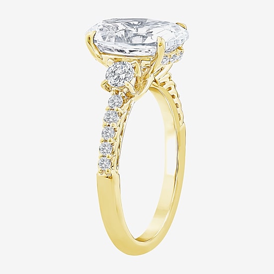 (F / Vs2) Womens 3 1/2 CT. T.W Lab Grown White Diamond 10K Gold Oval Side Stone Engagement Ring