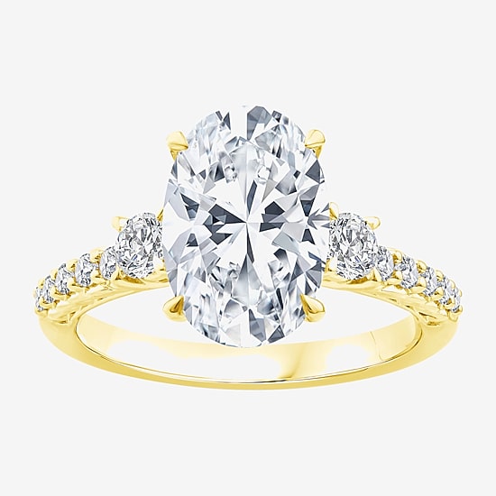 (F / Vs2) Womens 3 1/2 CT. T.W Lab Grown White Diamond 10K Gold Oval Side Stone Engagement Ring