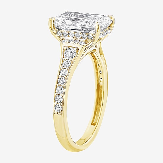 (F / Vs2) Womens 3 1/2 CT. T.W Lab Grown White Diamond 10K Gold Rectangular Side Stone Engagement Ring